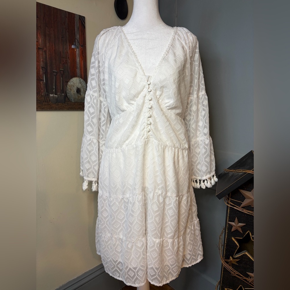 Boston Proper White Textured Long Sleeve Dress
